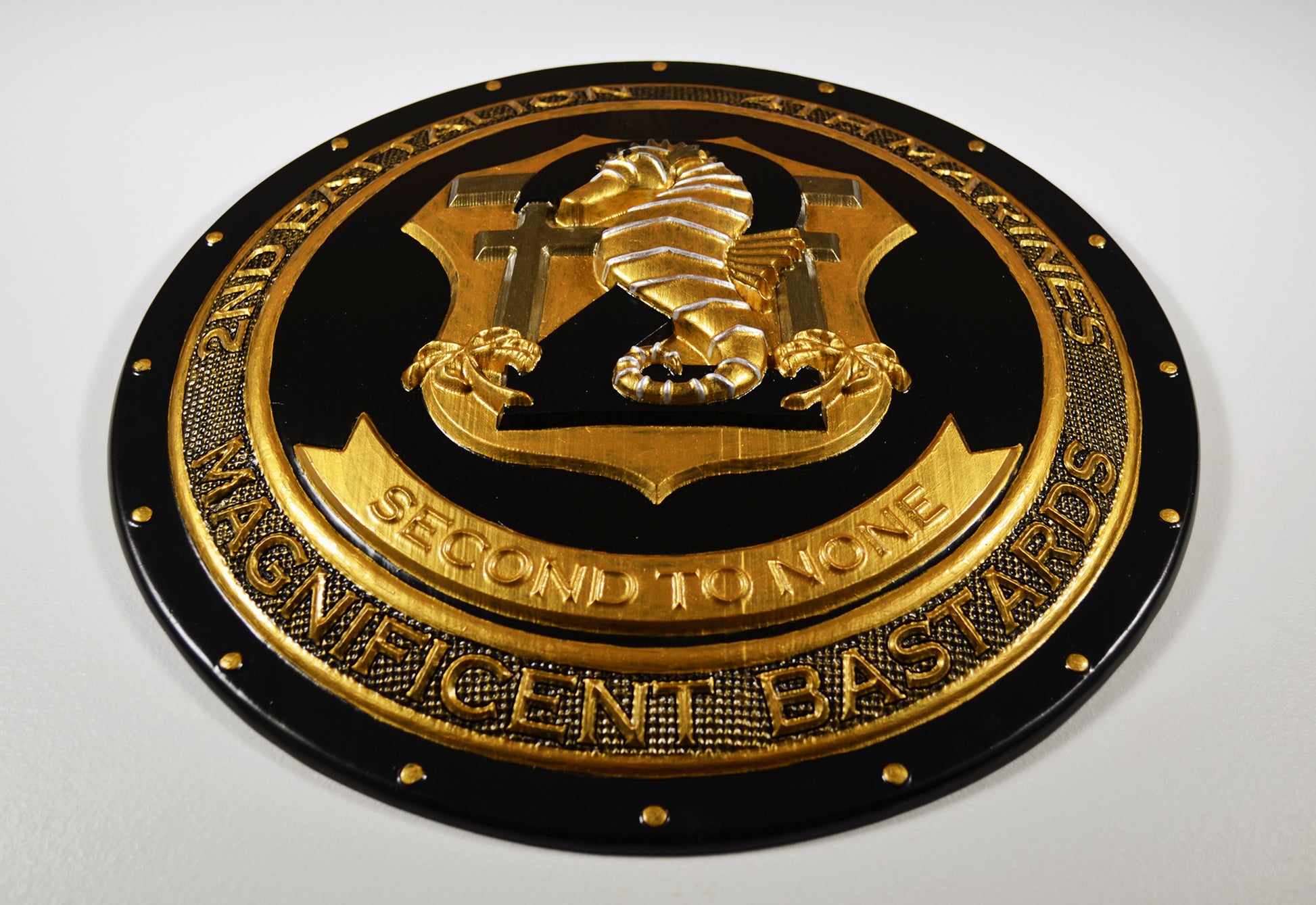 USMC 2nd Battalion, 4th Marines, Unit Emblem, US Marine Corps, Painted Gold Shield, military plaque - Carved Effects
