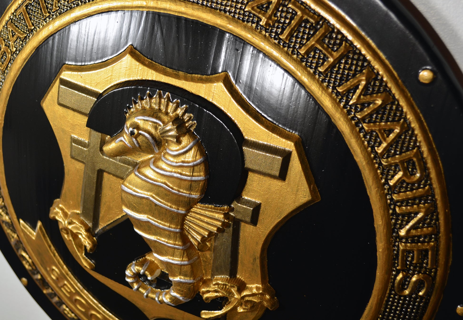 USMC 2nd Battalion, 4th Marines, Unit Emblem, US Marine Corps, Painted Gold Shield, military plaque - Carved Effects