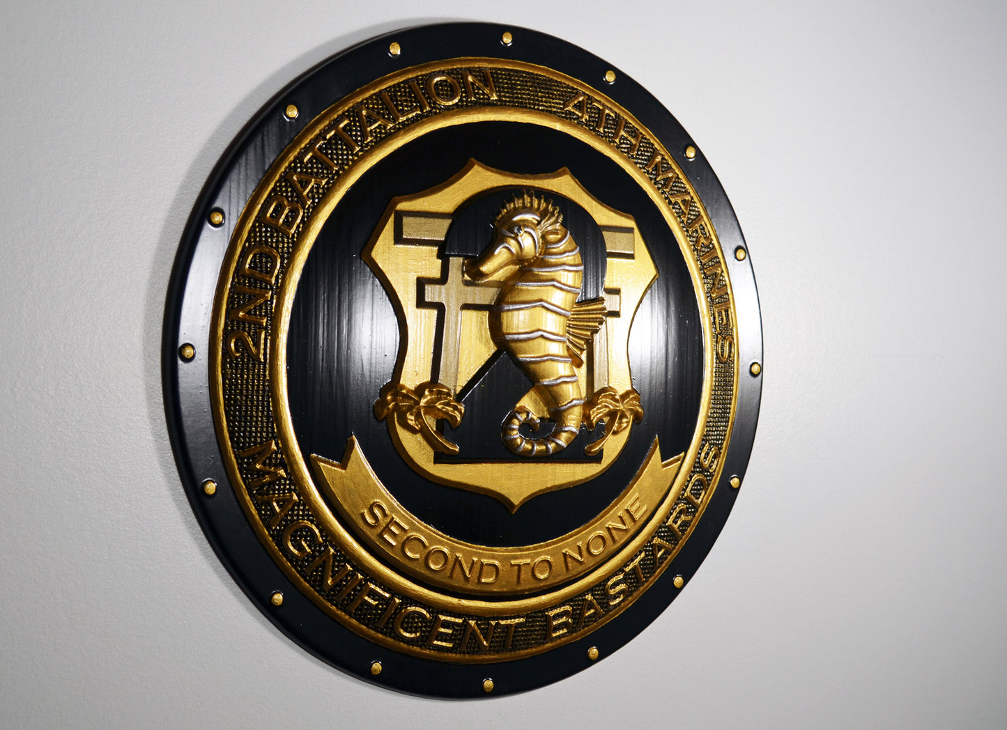 USMC 2nd Battalion, 4th Marines, Unit Emblem, US Marine Corps, Painted Gold Shield, military plaque - Carved Effects