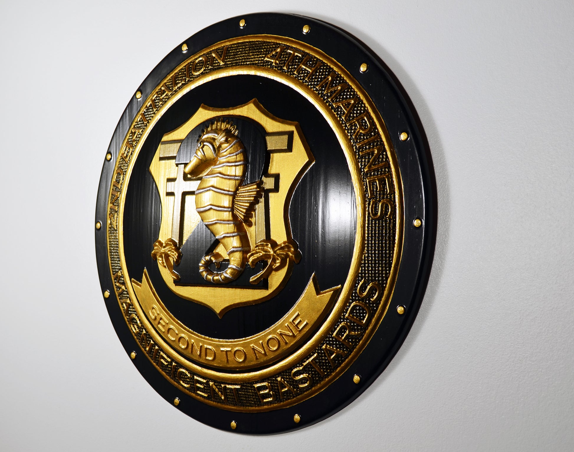 USMC 2nd Battalion, 4th Marines, Unit Emblem, US Marine Corps, Painted Gold Shield, military plaque - Carved Effects