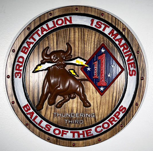 USMC 3rd Battalion 1st Marines, Thundering Third, Marine Corps, 3d wood carving, military plaque