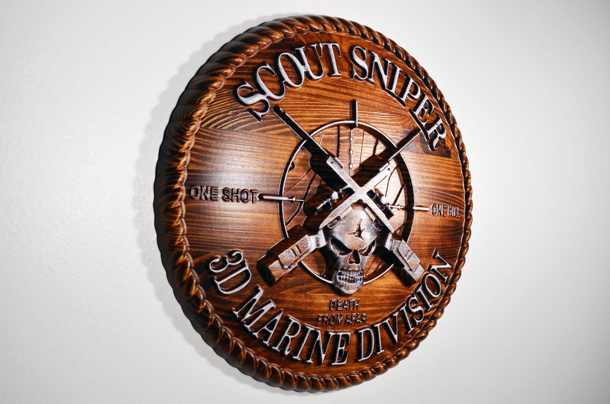 USMC 3rd Marine Scout Sniper, CNC, Stained 3D Wood Carving, Military Plaque
