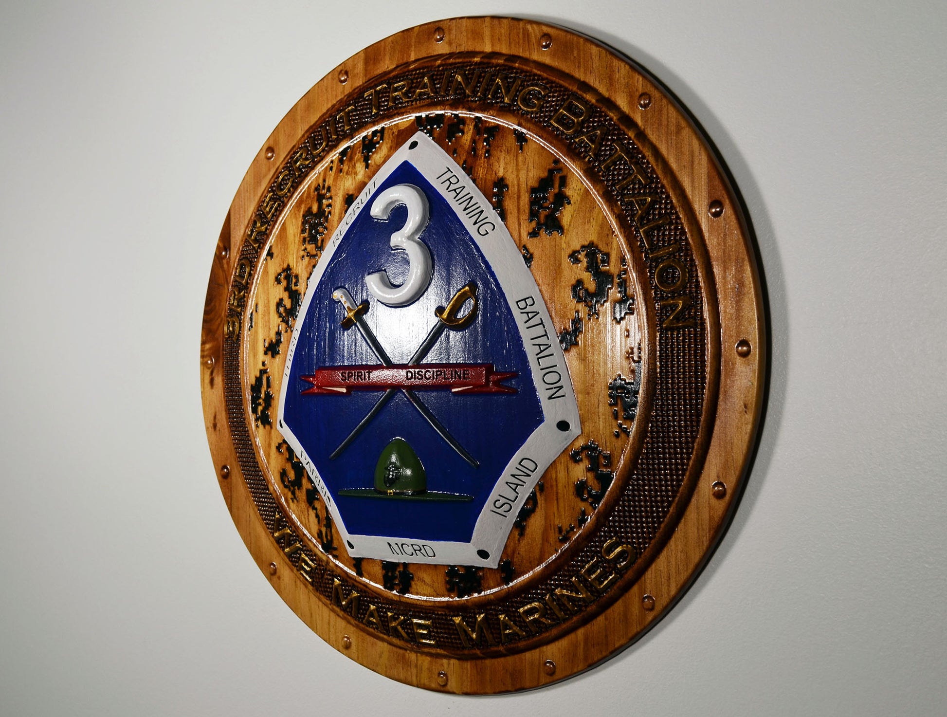 USMC 3rd Recruit Training Battalion, 3d wood CNC carving painted version, military plaque - Carved Effects