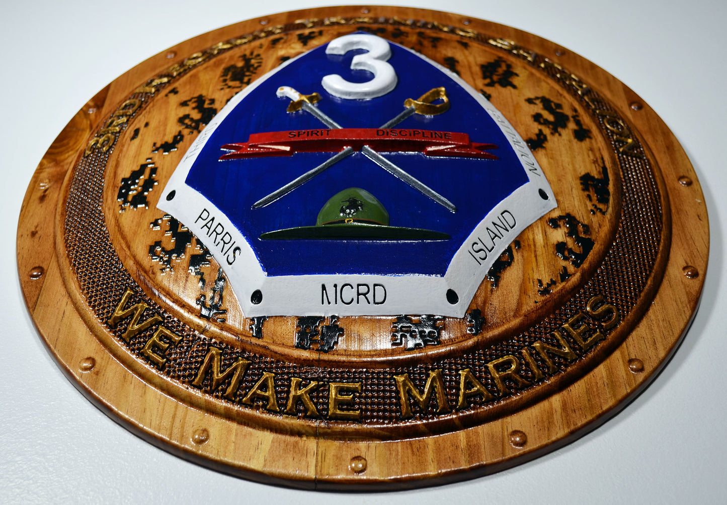USMC 3rd Recruit Training Battalion, 3d wood CNC carving painted version, military plaque - Carved Effects