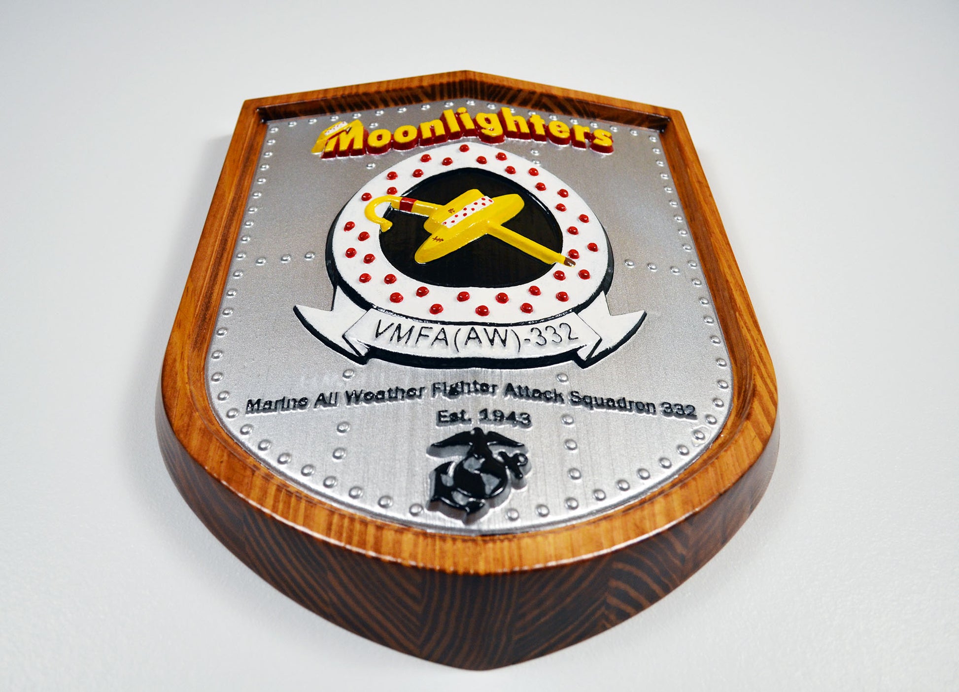 USMC All Weather Fighter Squadron VMFA-332, Moonlighters, CNC 3d wood carving, painted military plaque - Carved Effects