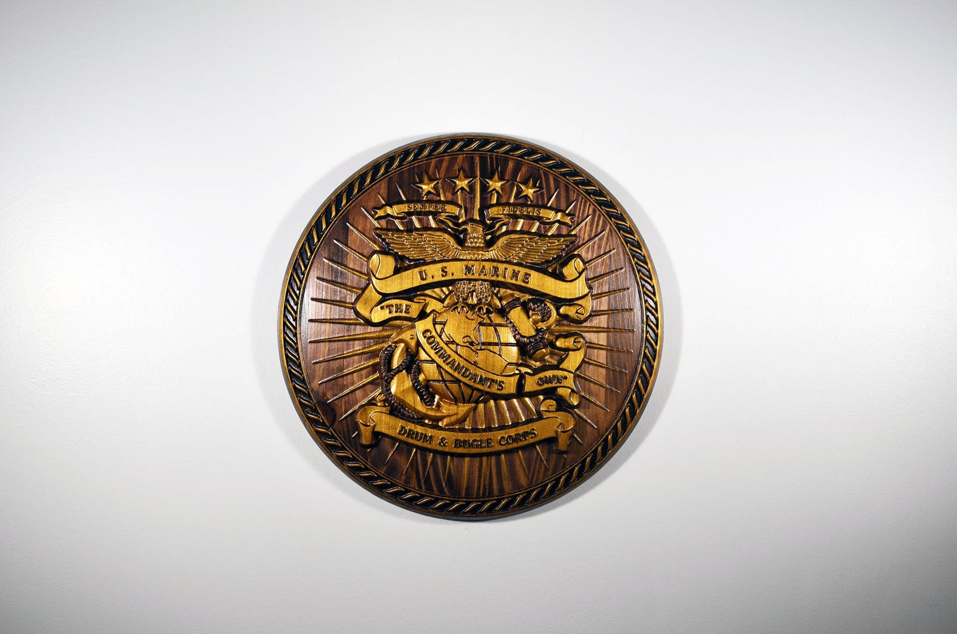 USMC Drum & Bugle Corps, Java Gold 3d wood carving, military plaque