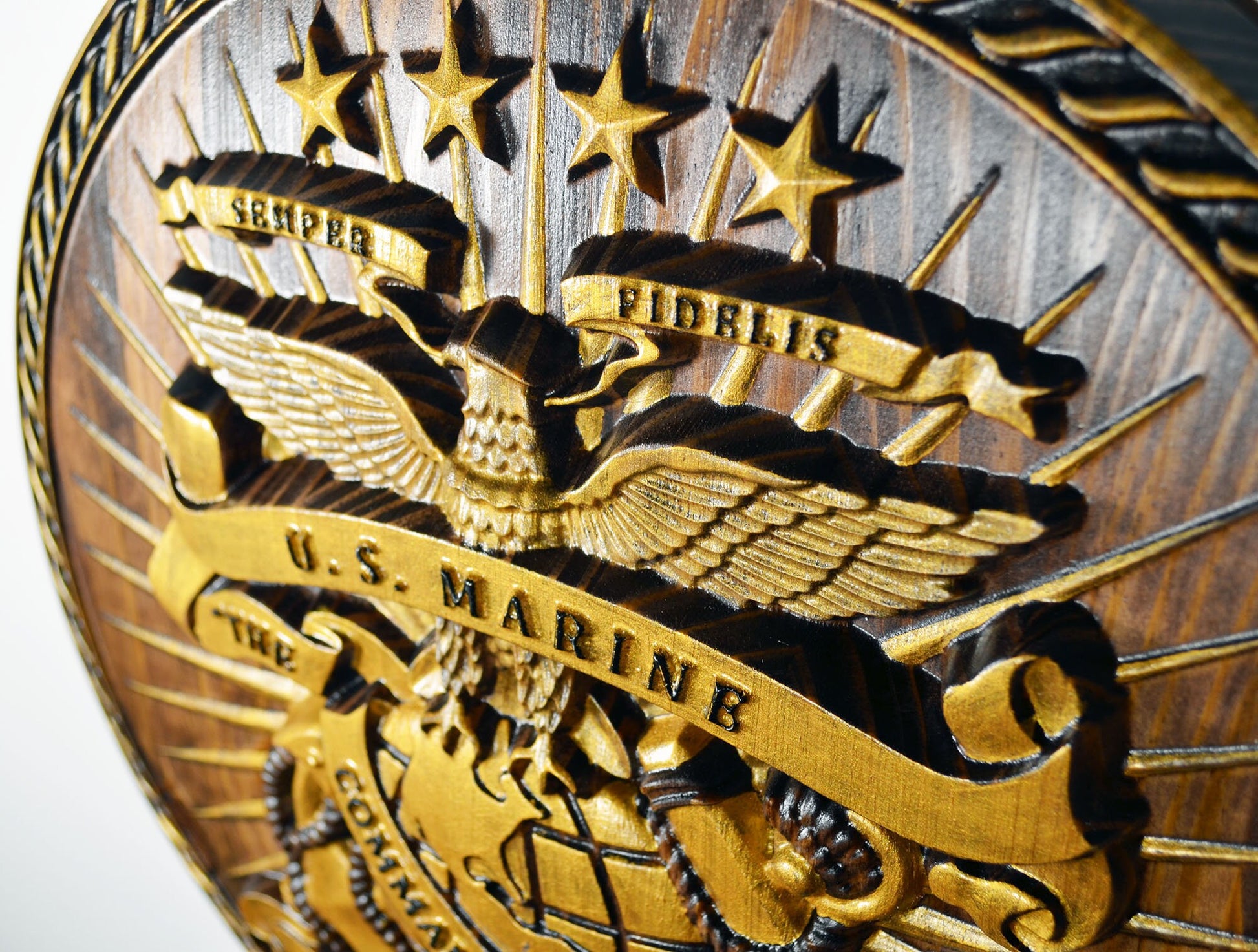 USMC Drum & Bugle Corps, Java Gold 3d wood carving, military plaque