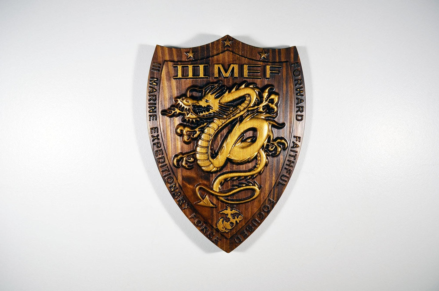 USMC III Marine Expeditionary Force, 3rd MEF,12 Java Gold Plaque, 3d wood carving, military plaque