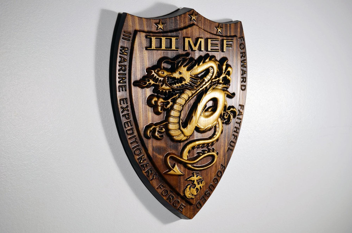 USMC III Marine Expeditionary Force, 3rd MEF,12 Java Gold Plaque, 3d wood carving, military plaque