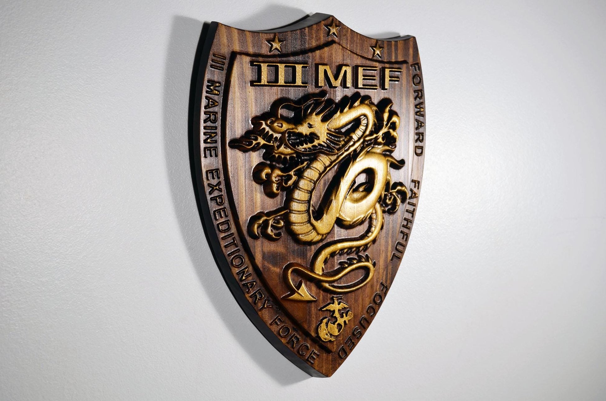 USMC III Marine Expeditionary Force, 3rd MEF,12 Java Gold Plaque, 3d wood carving, military plaque
