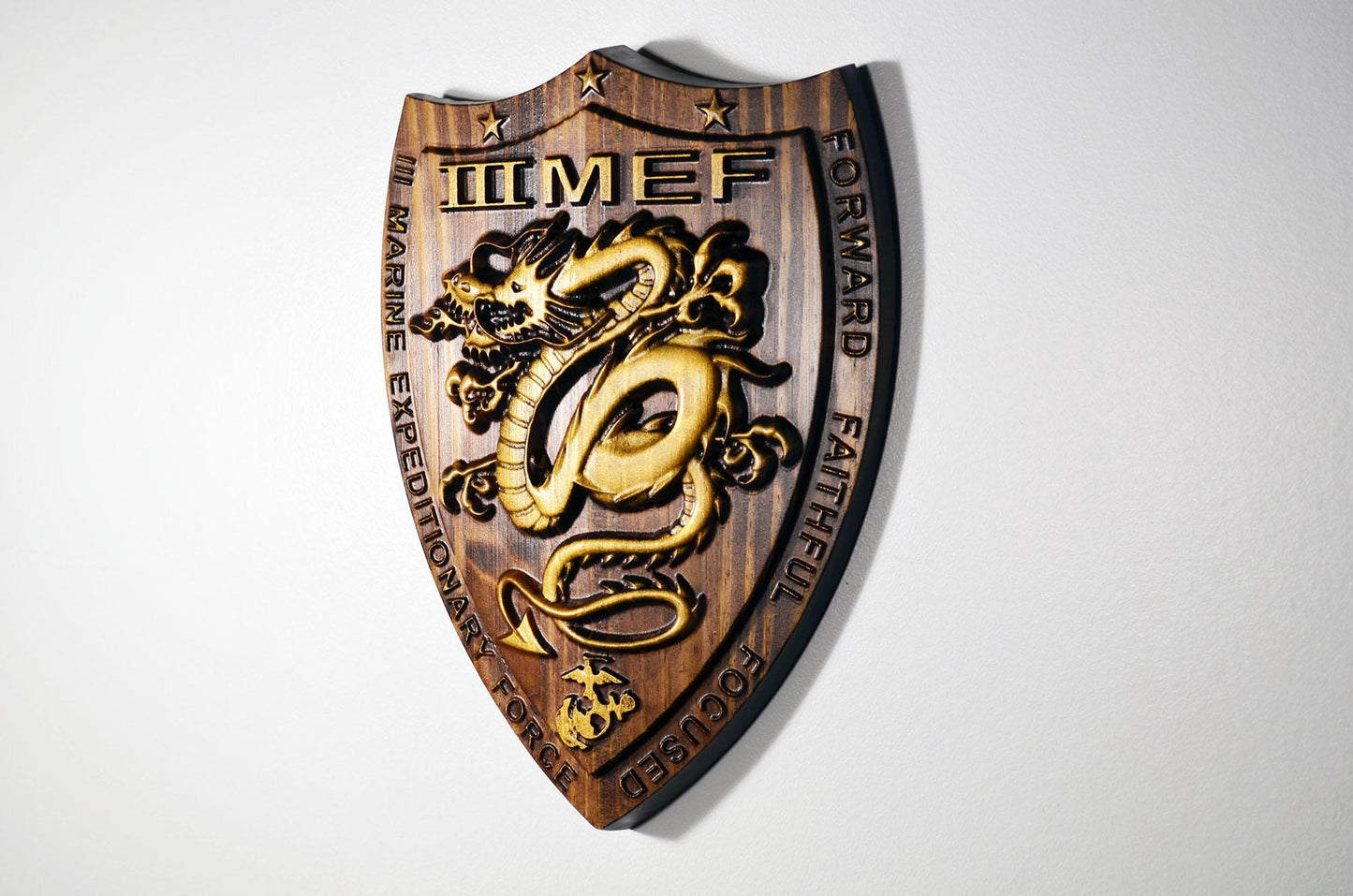 USMC III Marine Expeditionary Force, 3rd MEF,12 Java Gold Plaque, 3d wood carving, military plaque