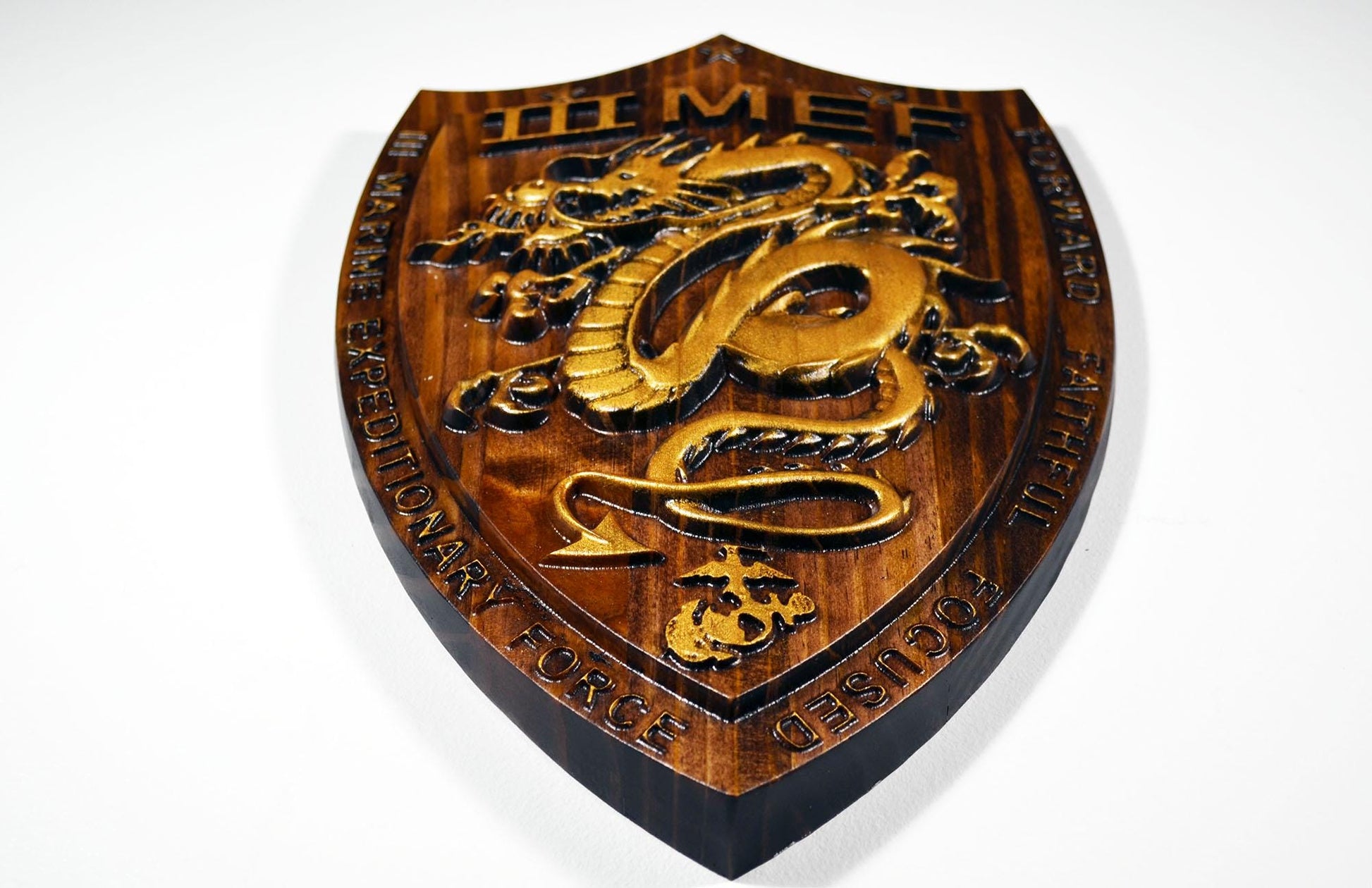 USMC III Marine Expeditionary Force, 3rd MEF,12 Java Gold Plaque, 3d wood carving, military plaque