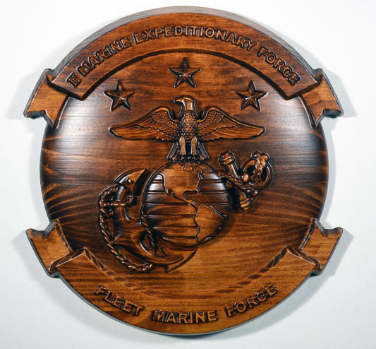 USMC II Marine Expeditionary Force, 12" stained 3d wood carving, military plaque