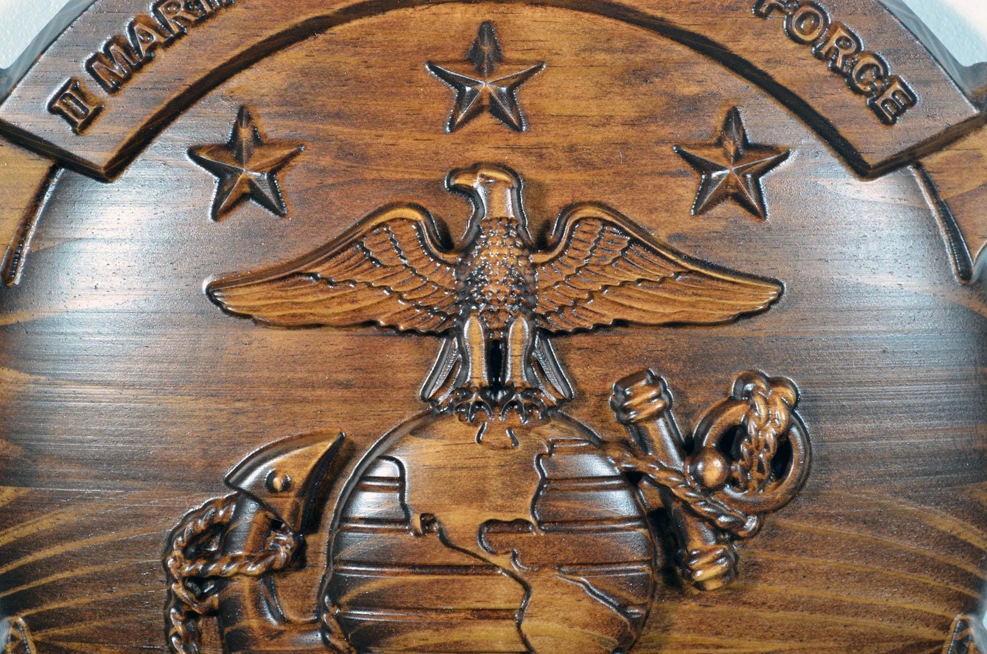 USMC II Marine Expeditionary Force, 12" stained 3d wood carving, military plaque