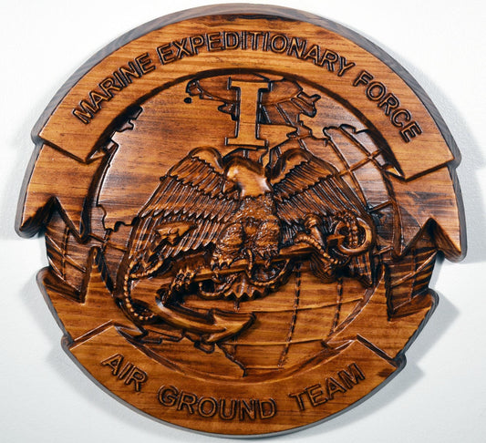USMC I Marine Expeditionary Force, 12" stained 3d wood carving, military plaque