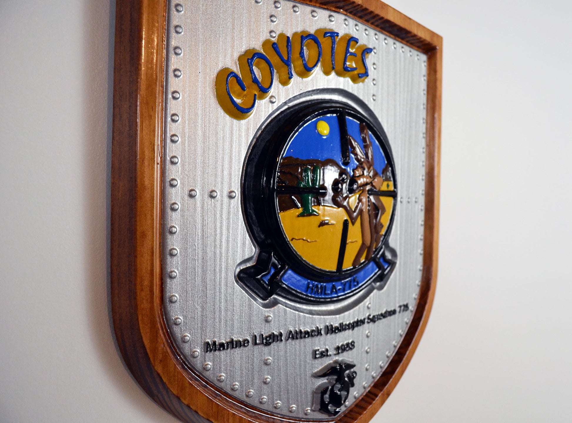 USMC Light Attack Helicopter Squadron, Coyotes, HMLA-775, CNC 3d wood carving, painted military plaque - Carved Effects