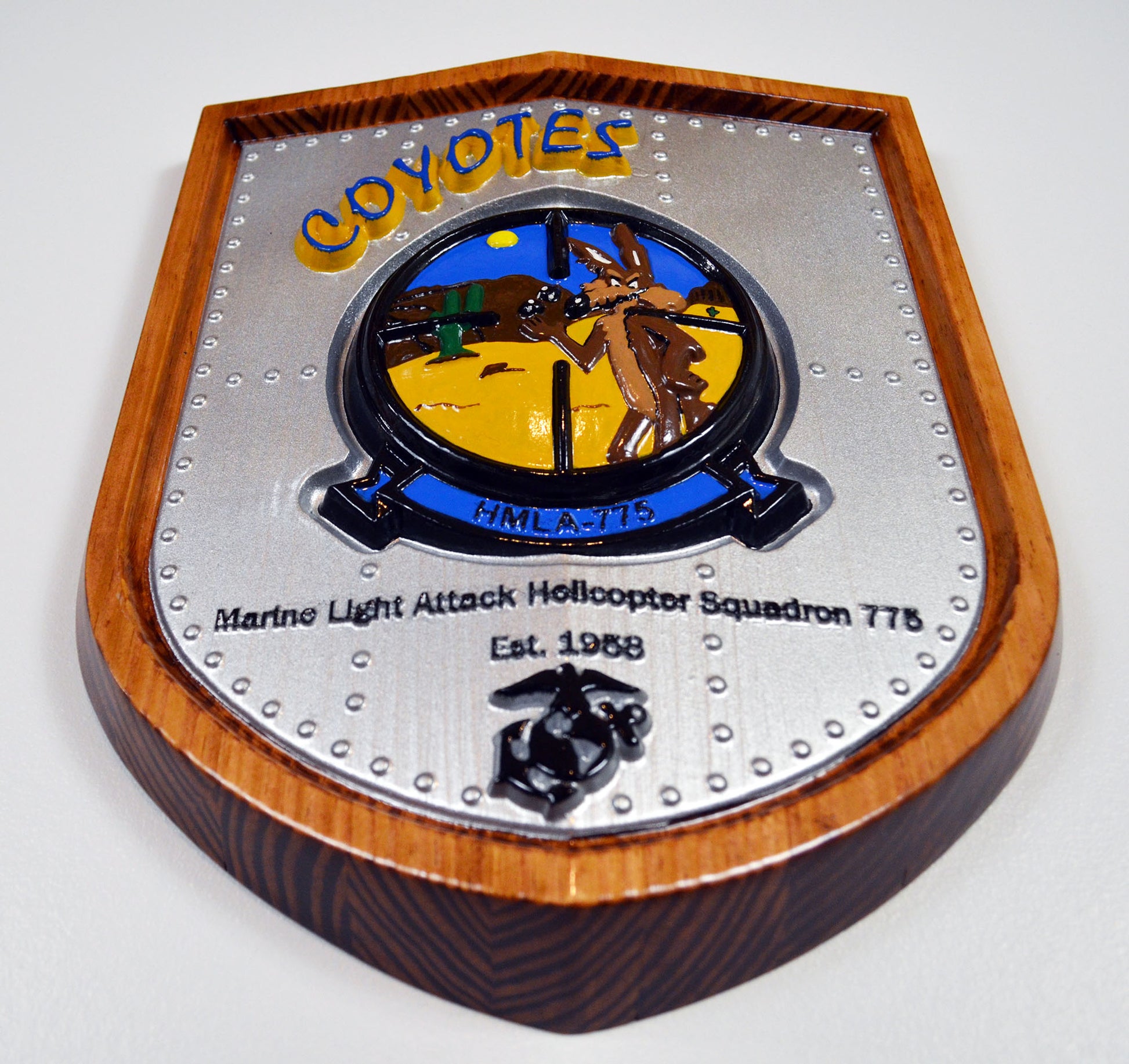 USMC Light Attack Helicopter Squadron, Coyotes, HMLA-775, CNC 3d wood carving, painted military plaque - Carved Effects