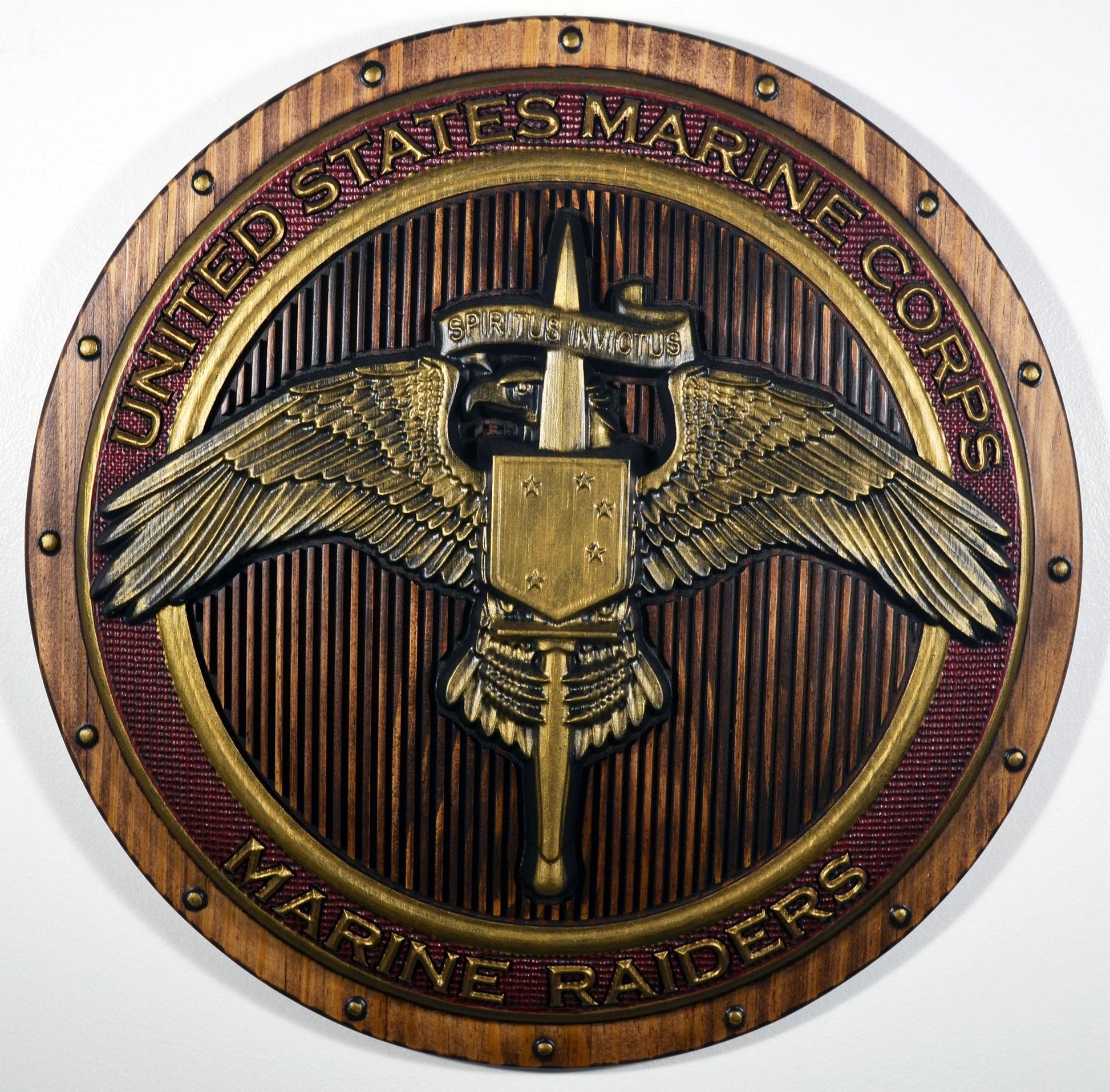 USMC Marine Raiders Badge on Shield Red Painted Military Plaque