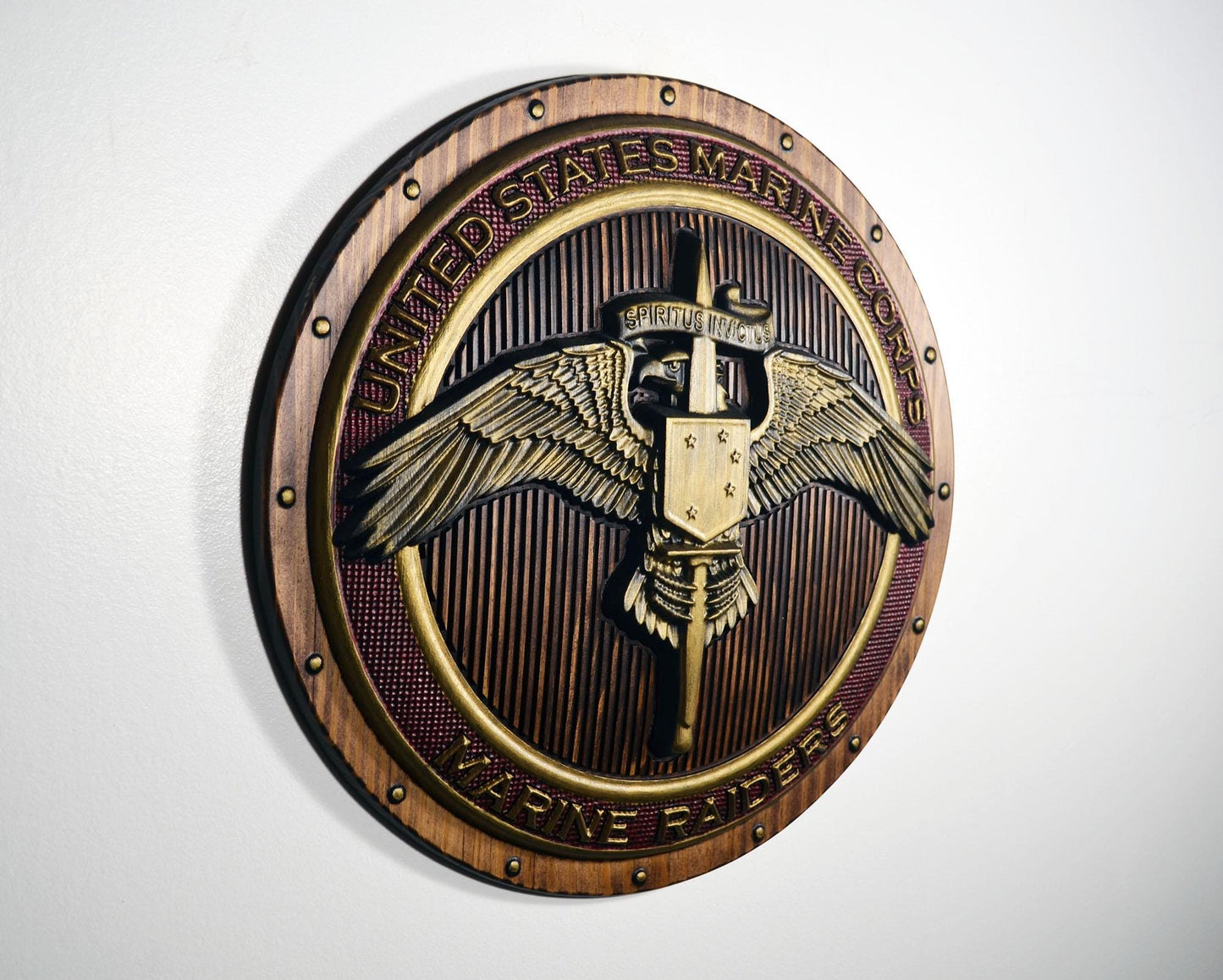 USMC Marine Raiders Badge on Shield Red Painted Military Plaque