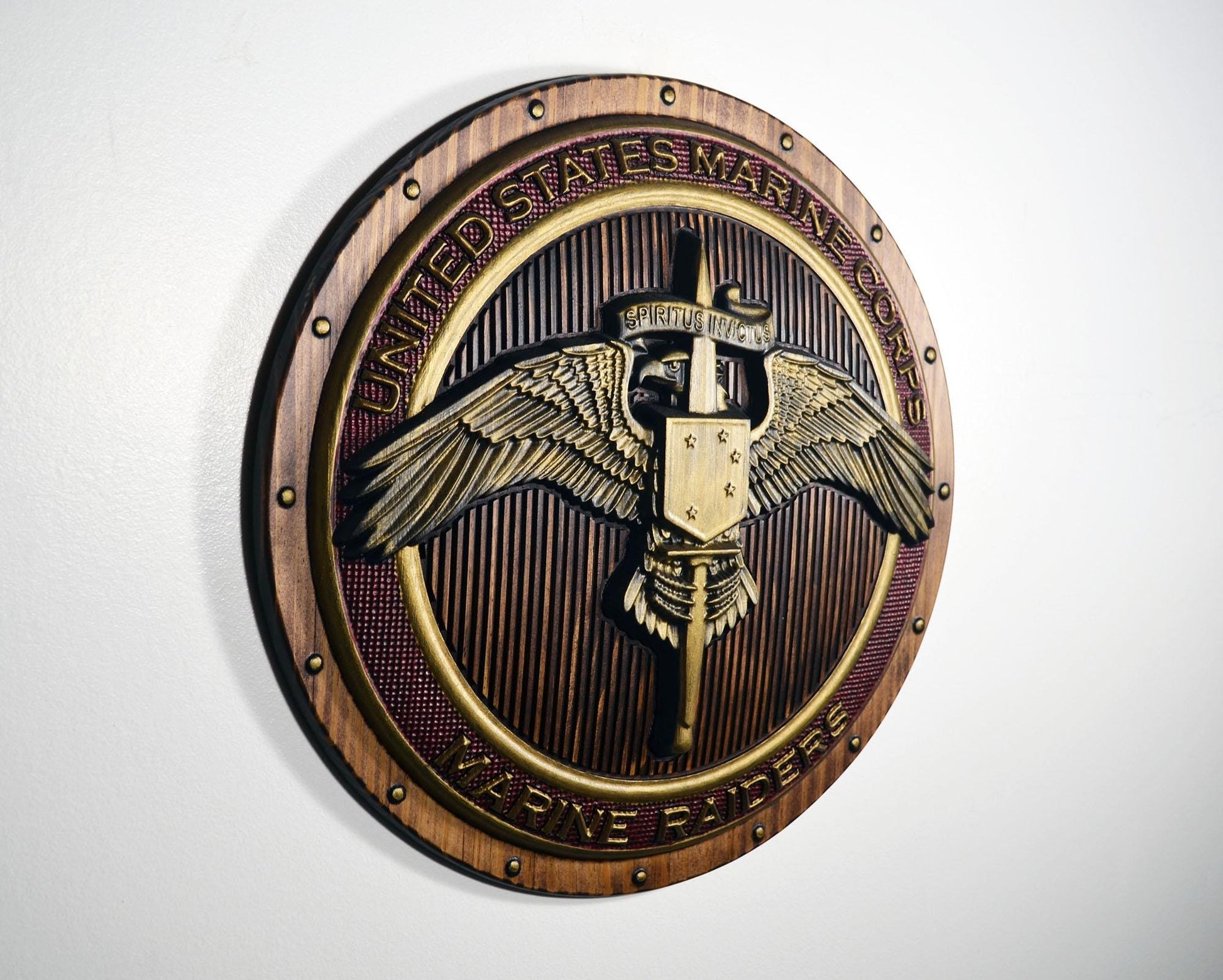 USMC Marine Raiders Badge on Shield Red Painted Military Plaque