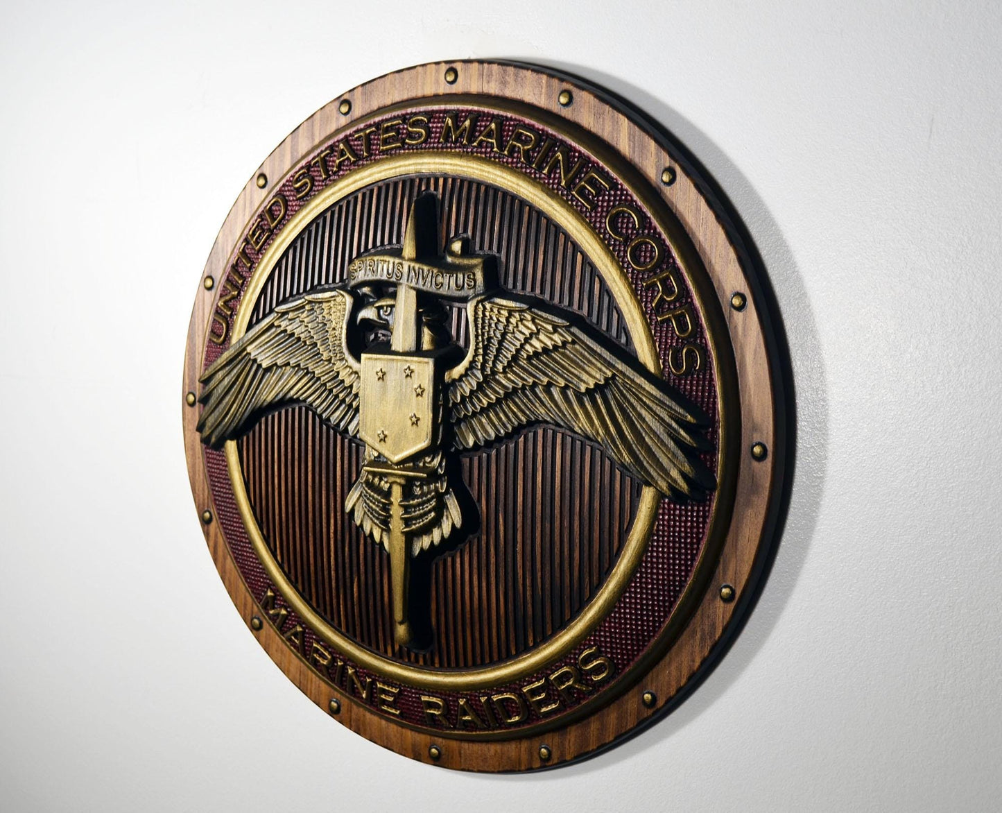 USMC Marine Raiders Badge on Shield Red Painted Military Plaque