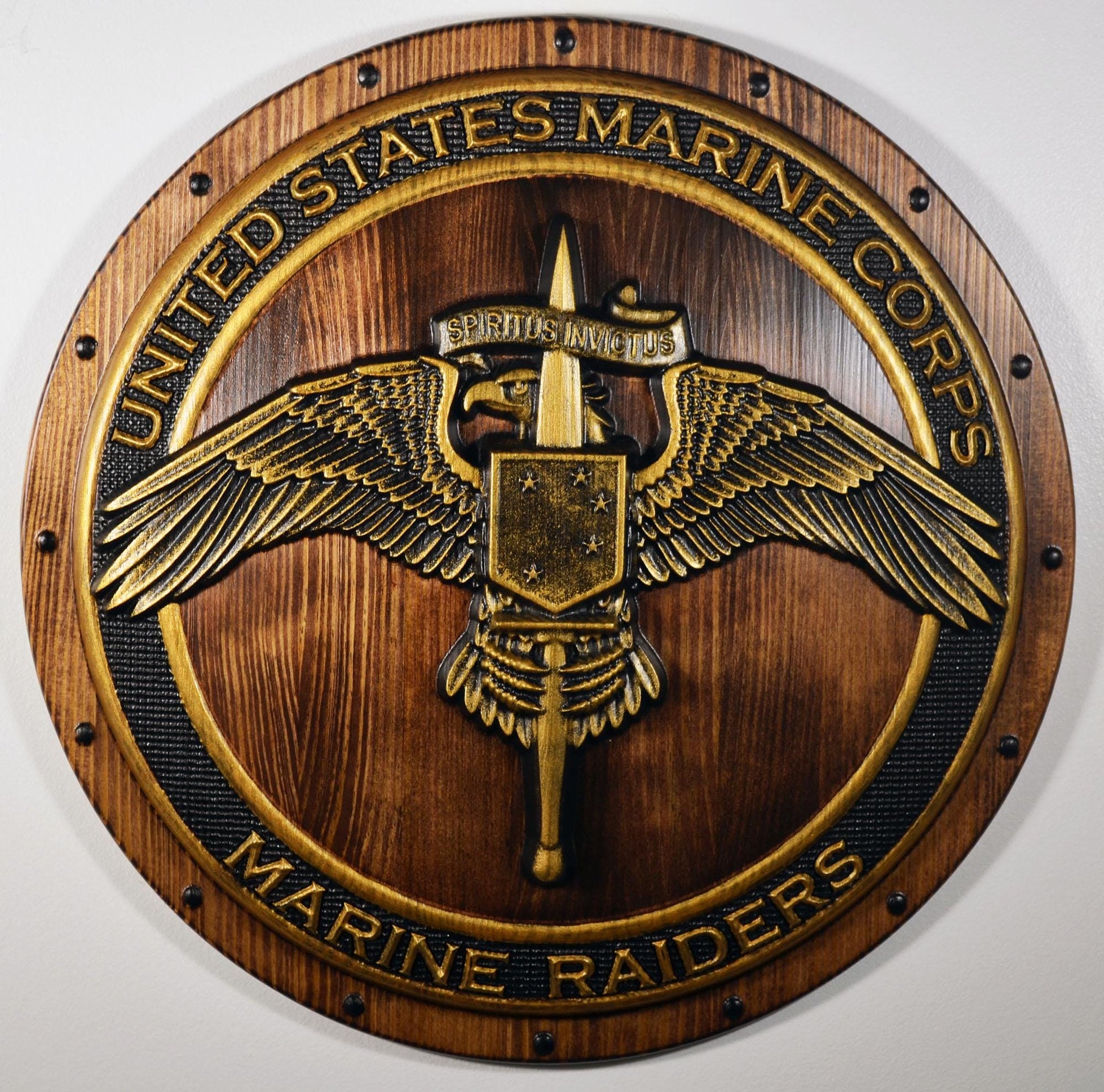 USMC Marine Raiders Badge on Shield, Marine Special Operations, painted wood military plaque