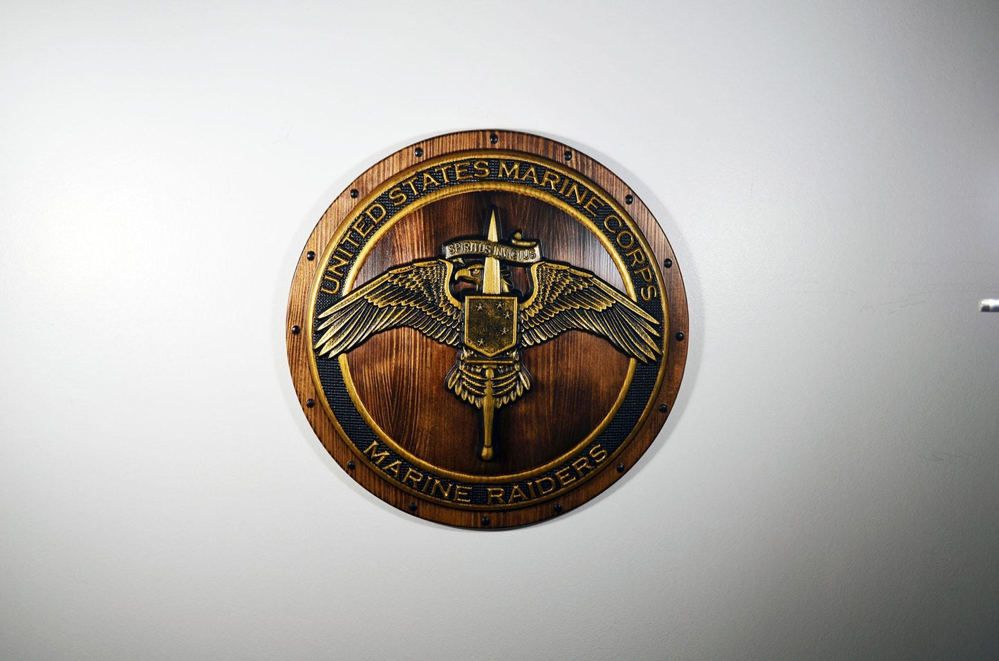 USMC Marine Raiders Badge on Shield, Marine Special Operations, painted wood military plaque