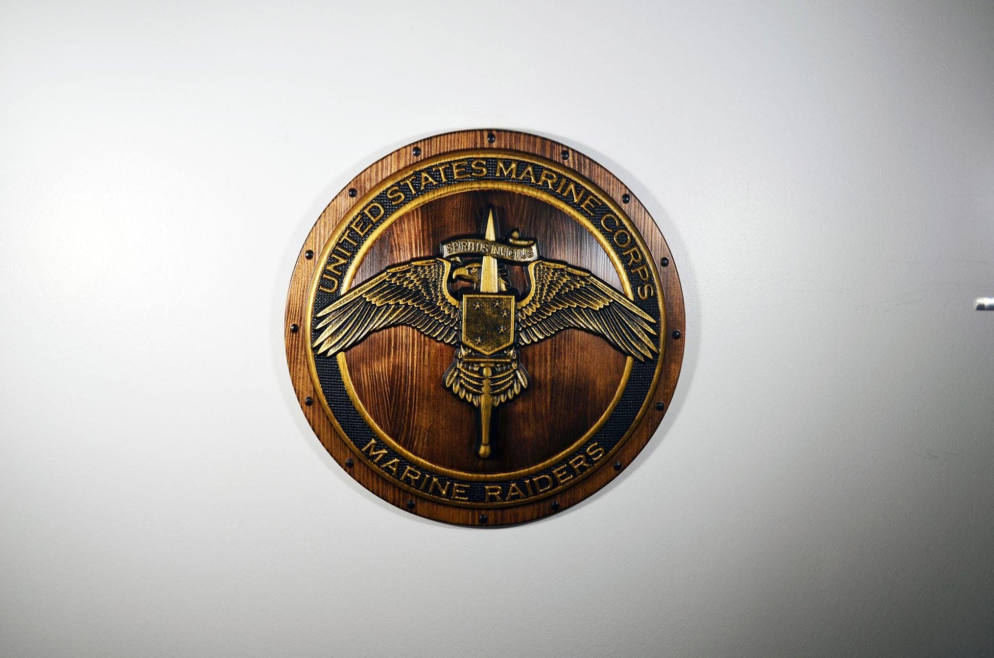 USMC Marine Raiders Badge on Shield, Marine Special Operations, painted wood military plaque