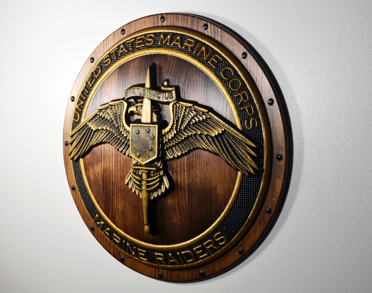 USMC Marine Raiders Badge on Shield, Marine Special Operations, painted wood military plaque