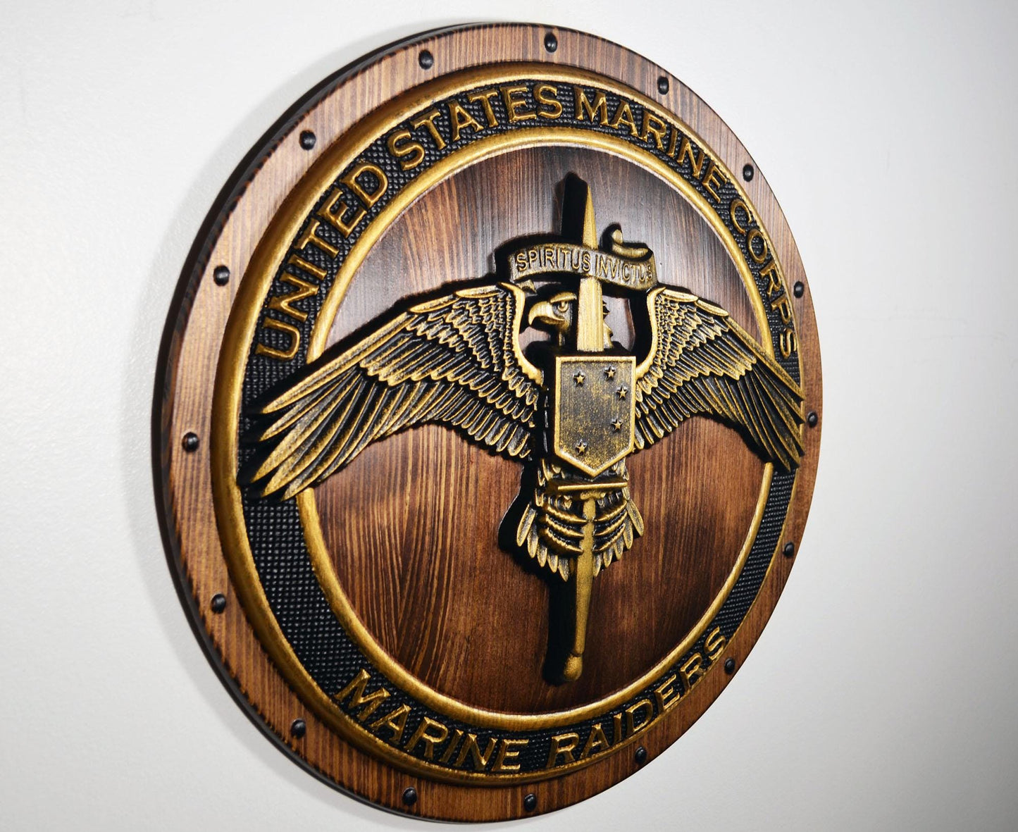 USMC Marine Raiders Badge on Shield, Marine Special Operations, painted wood military plaque