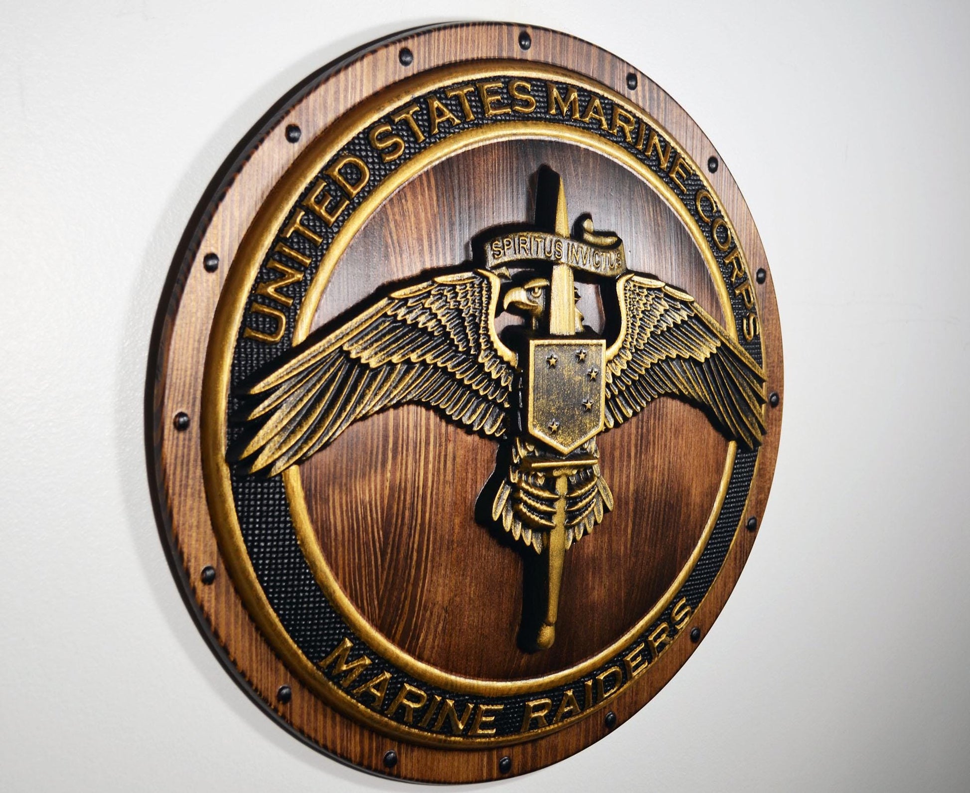 USMC Marine Raiders Badge on Shield, Marine Special Operations, painted wood military plaque