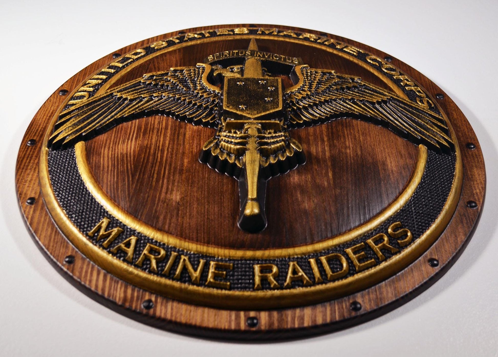 USMC Marine Raiders Badge on Shield, Marine Special Operations, painted wood military plaque