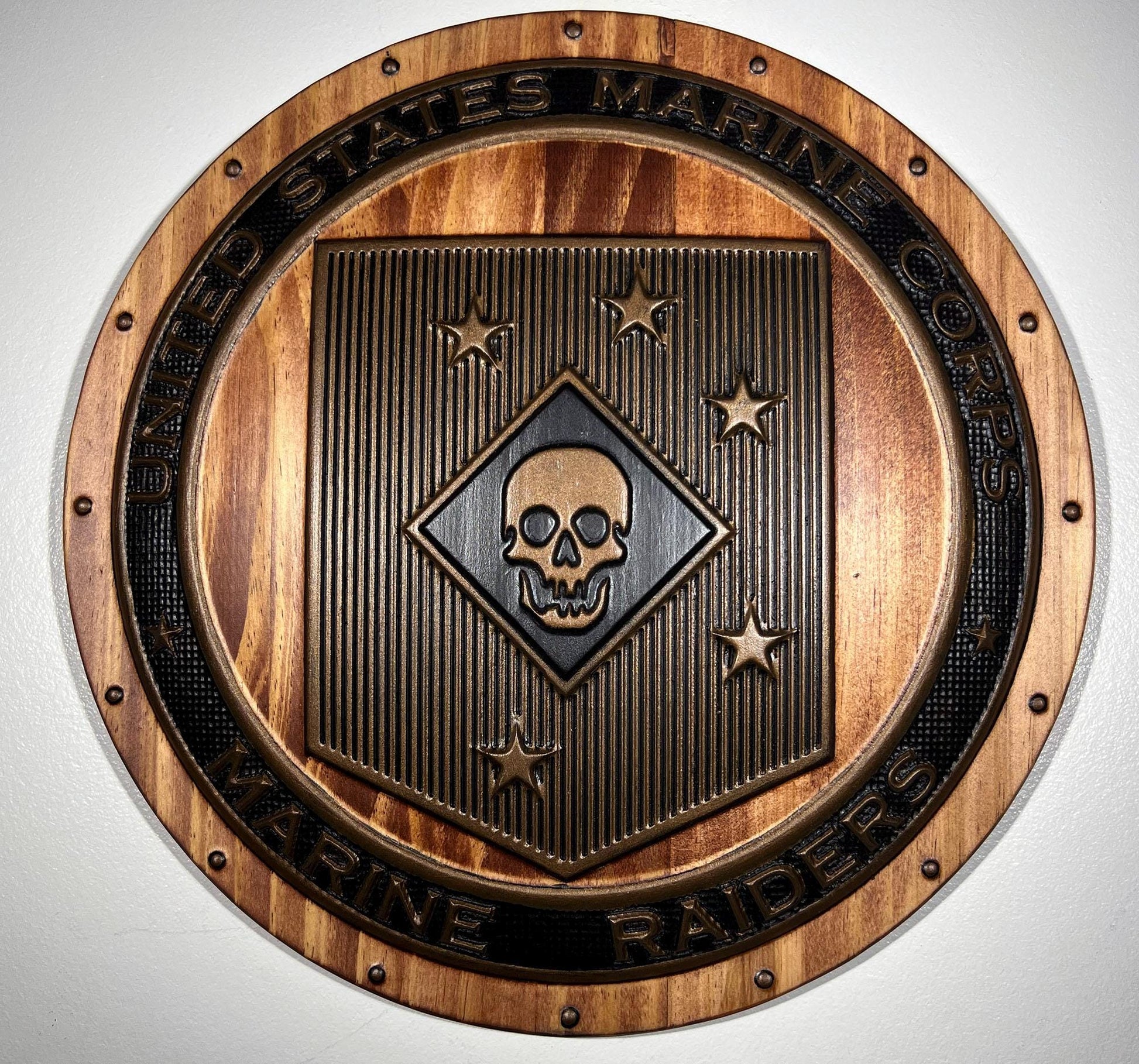 USMC Marine Raiders Bronze and Mahogany shield plaque 12"