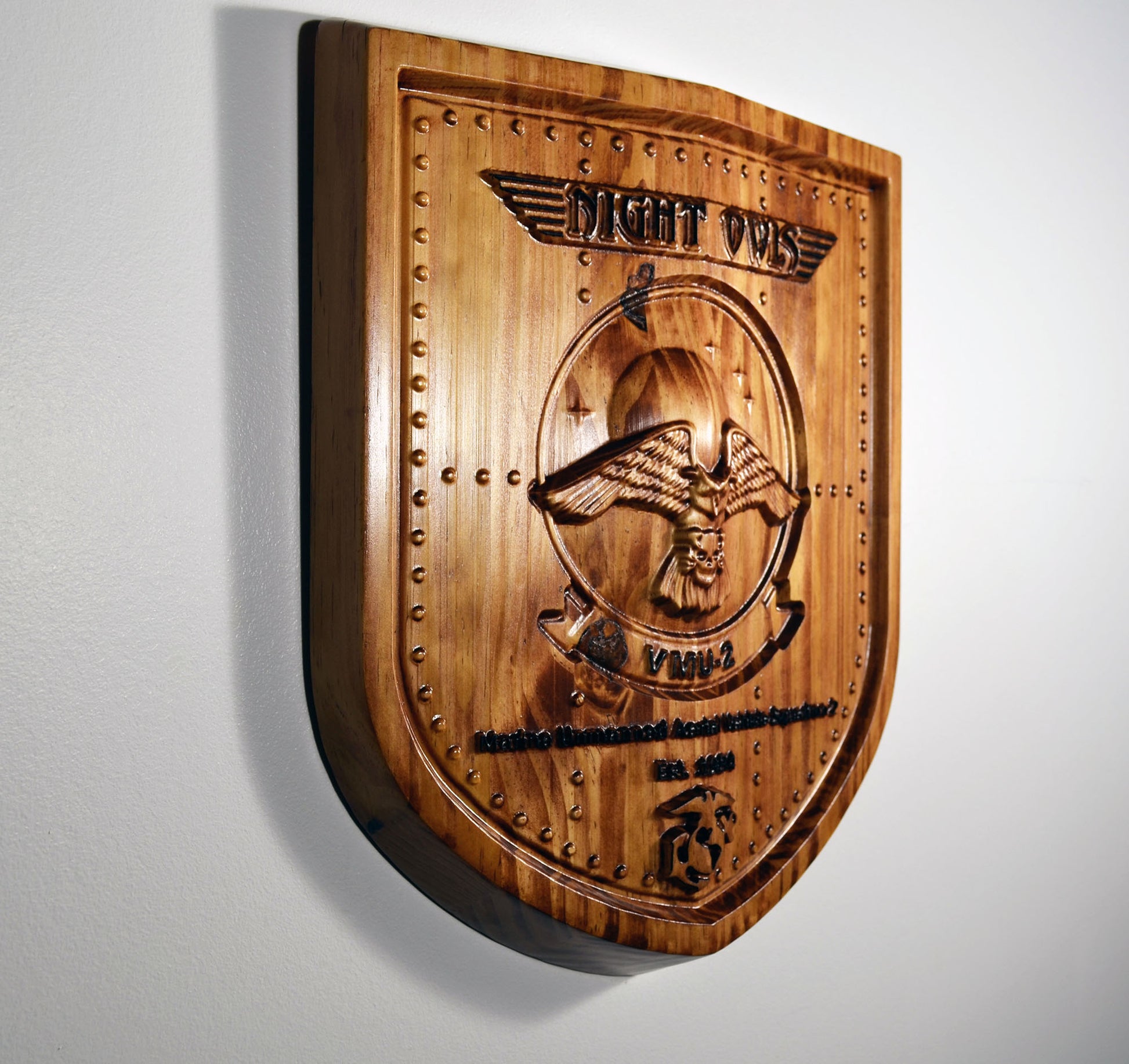 USMC Unmanned Aerial Vehicle Squadron 2, VMU-2, Night Owls, Marine Corps Air Wing, 3d wood carving, military plaque - Carved Effects