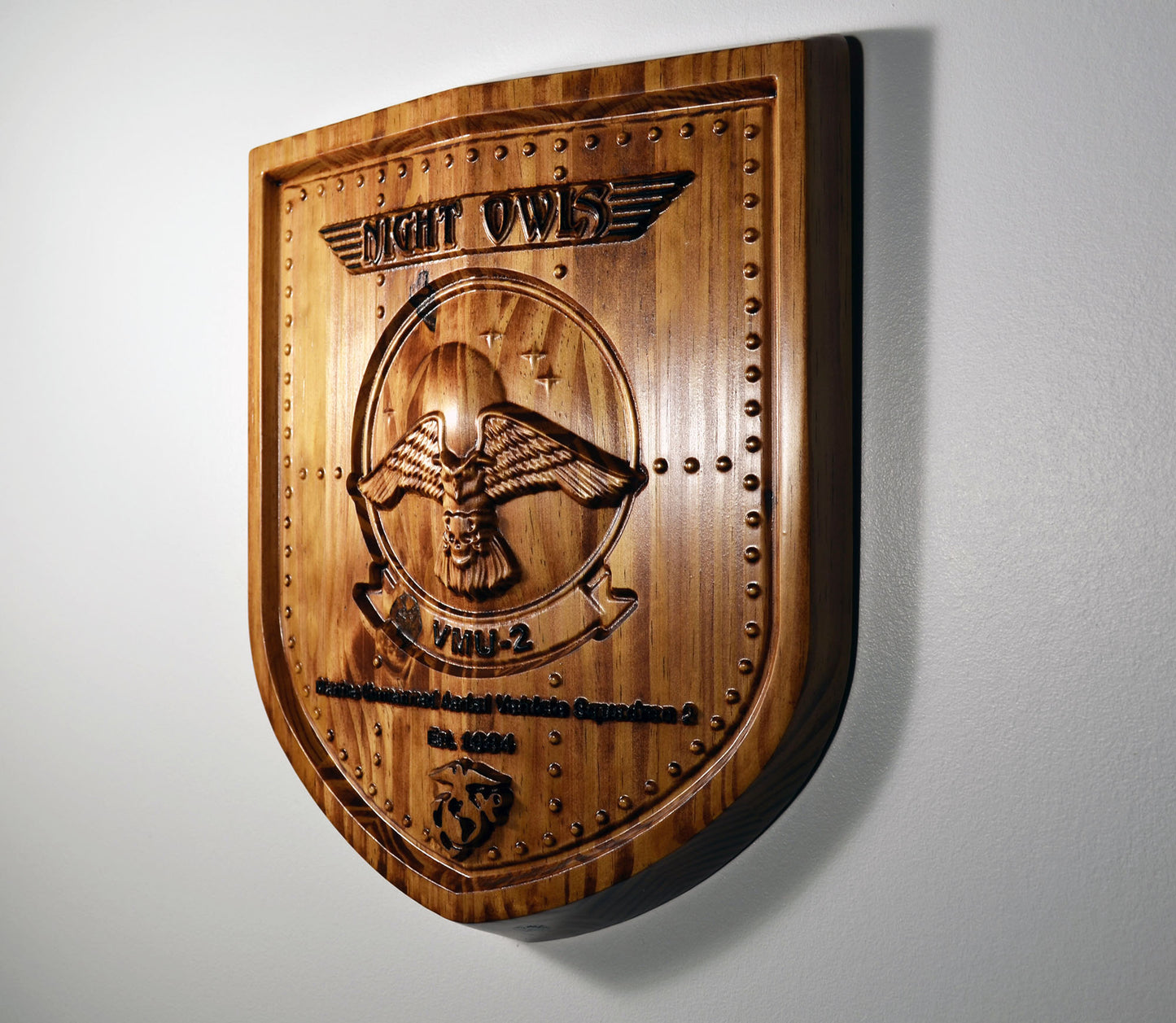 USMC Unmanned Aerial Vehicle Squadron 2, VMU-2, Night Owls, Marine Corps Air Wing, 3d wood carving, military plaque - Carved Effects
