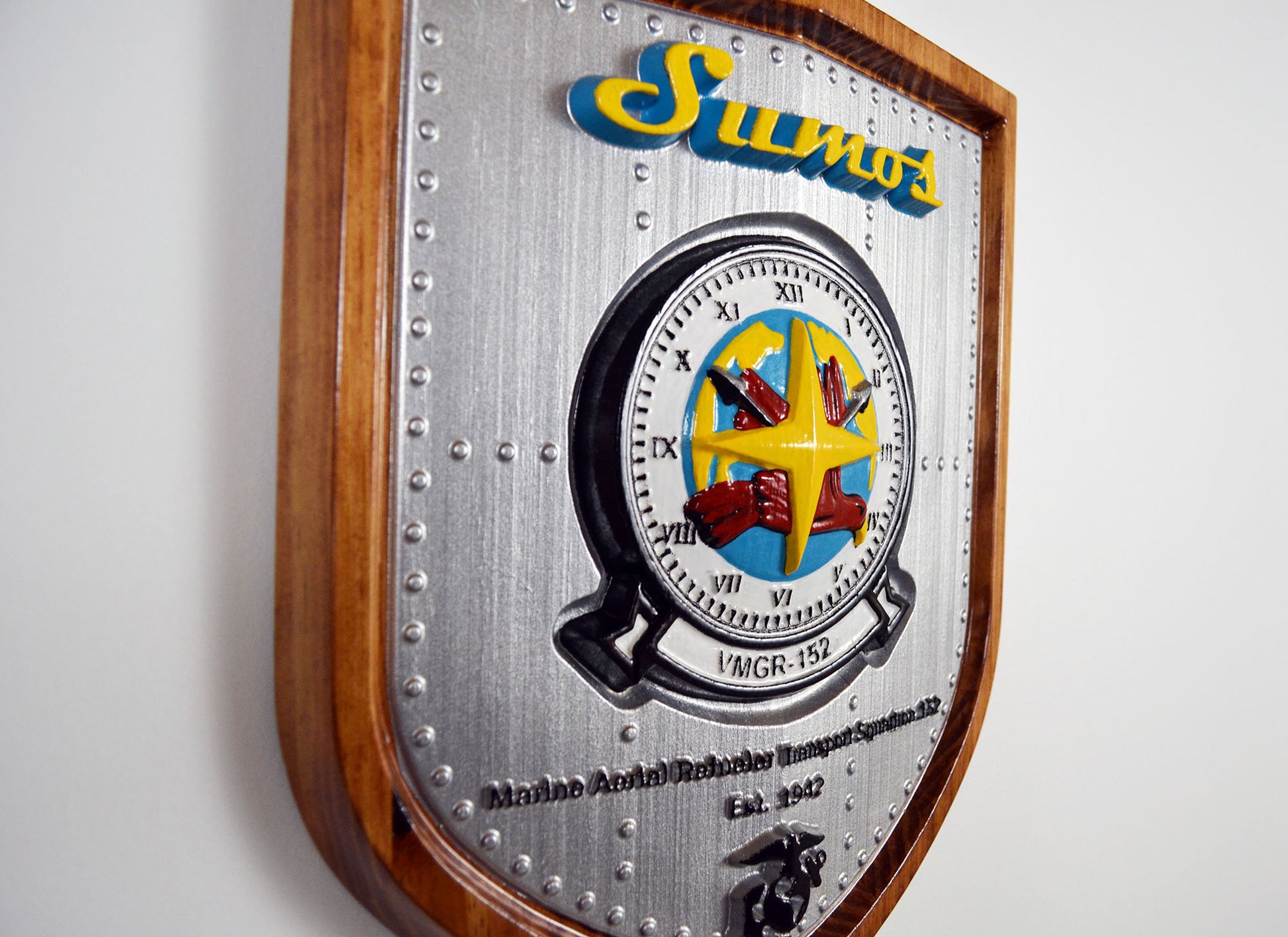 USMC VMGR-152 Marine Aerial Refueler Squadron, Sumos Marine Corps, 3d wood carving military plaque painted version - Carved Effects