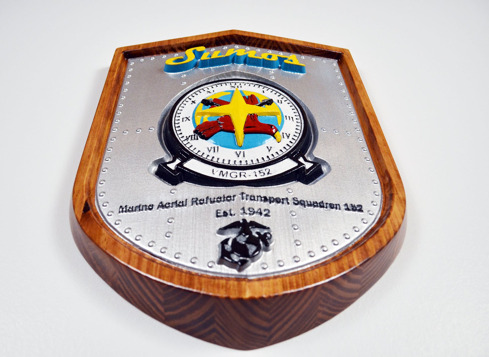 USMC VMGR-152 Marine Aerial Refueler Squadron, Sumos Marine Corps, 3d wood carving military plaque painted version - Carved Effects