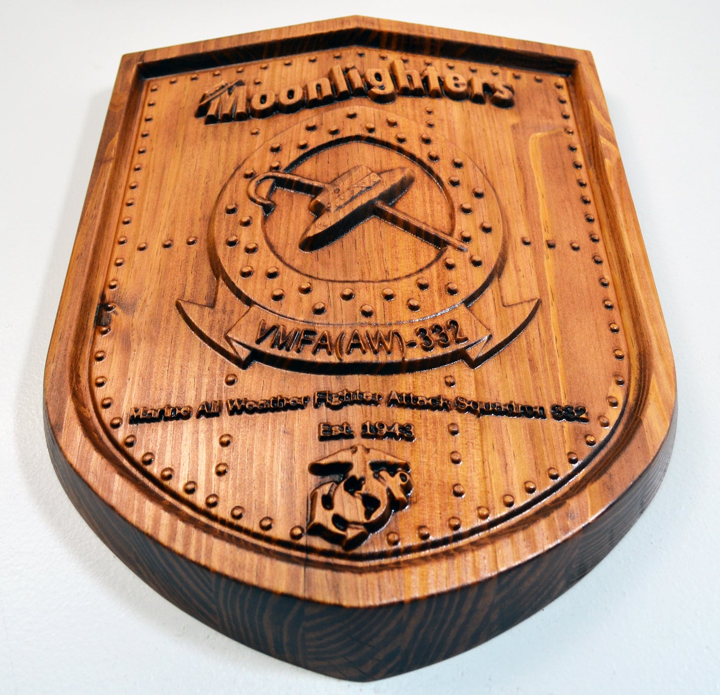 USMC All Weather Fighter Squadron VMFA-332, Moonlighters, CNC 3d wood carving, military plaque - Carved Effects