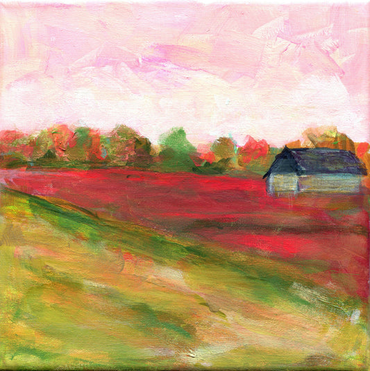 Vibrant farm field with white barn painting on canvas 8x8x.5 - carved effects