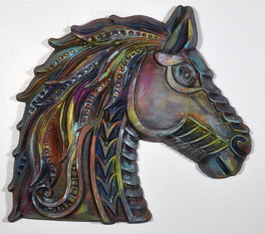 A hand-painted 3D wood carving of a horse with vibrant pastel colors and a wax finish, machine cut on a CNC router and hand-finished.