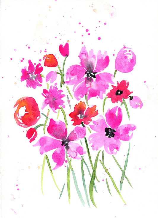 A watercolor painting of vibrant pink and red flowers with green stems on a white background, signed by the artist.