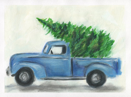 Vintage blue truck Christmas watercolor painting 9x12 - carved effects
