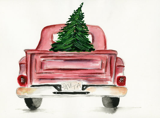 Vintage red truck with a Christmas tree watercolor painting - carved effects