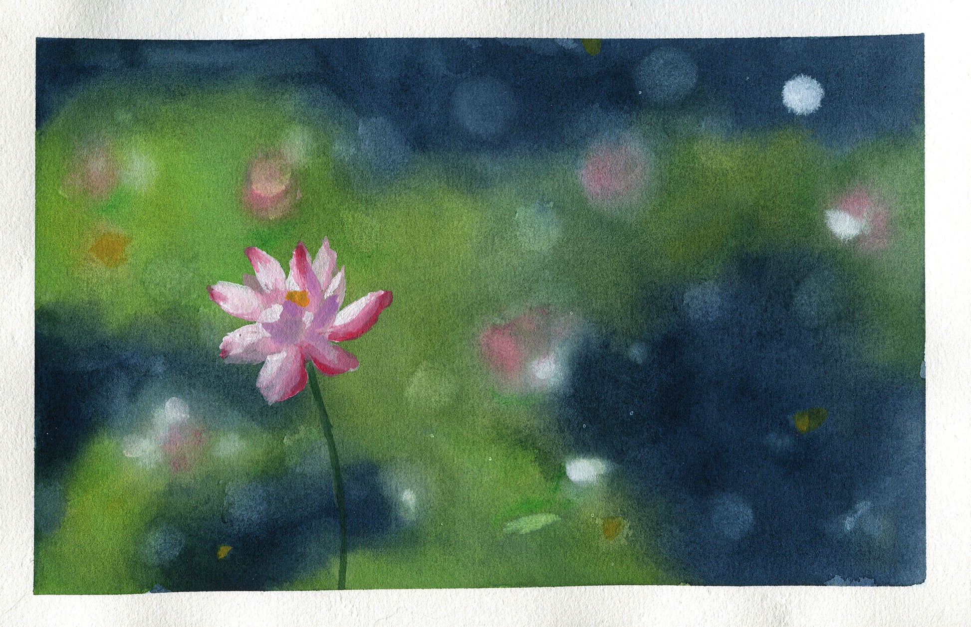 A watercolor painting of a single pink lotus flower on a dark green and navy blue background with soft blurred bokeh-like dots.