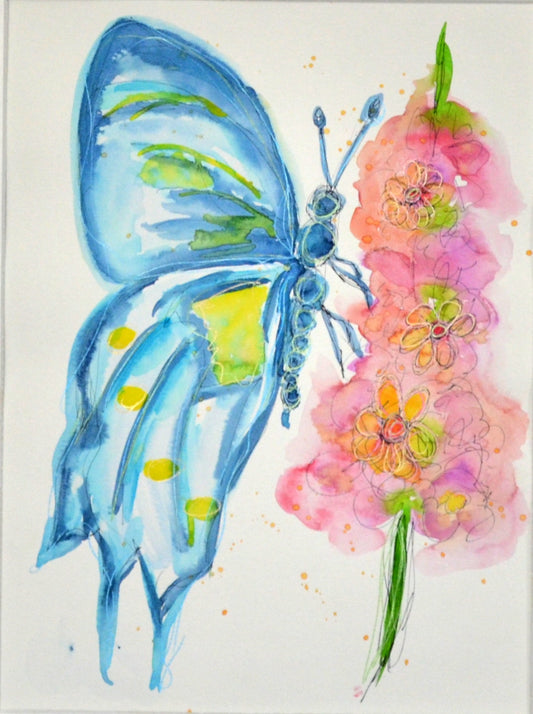 Whimsical butterfly landing on flowers watercolor painting 9x12 - carved effects
