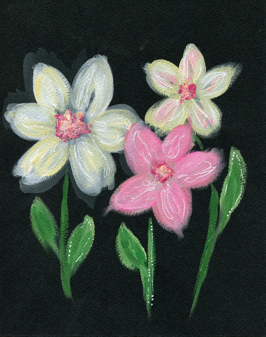 White Jasmine flower watercolor painting on black paper 8x10 - carved effects