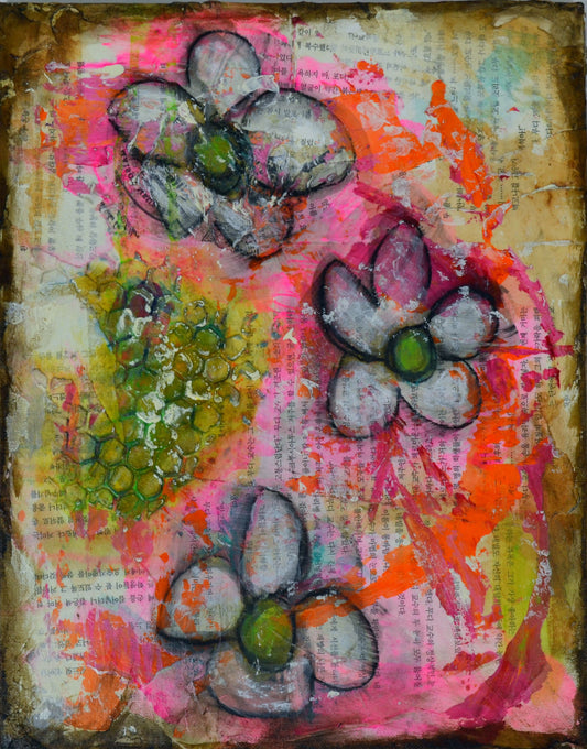 Abstract flower garden trio hand painted mixed media painting on canvas panel 11x14, original art acrylic and watercolor painting - Carved Effects
