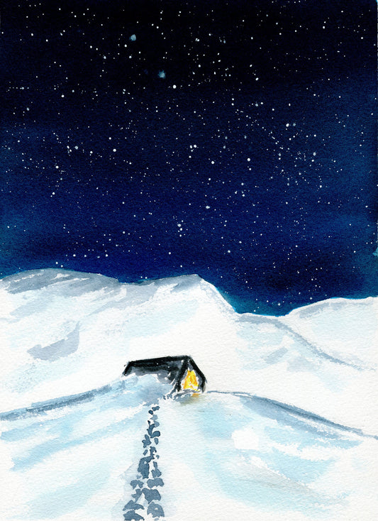 Winter snowy mountain cabin landscape watercolor painting - carved effects