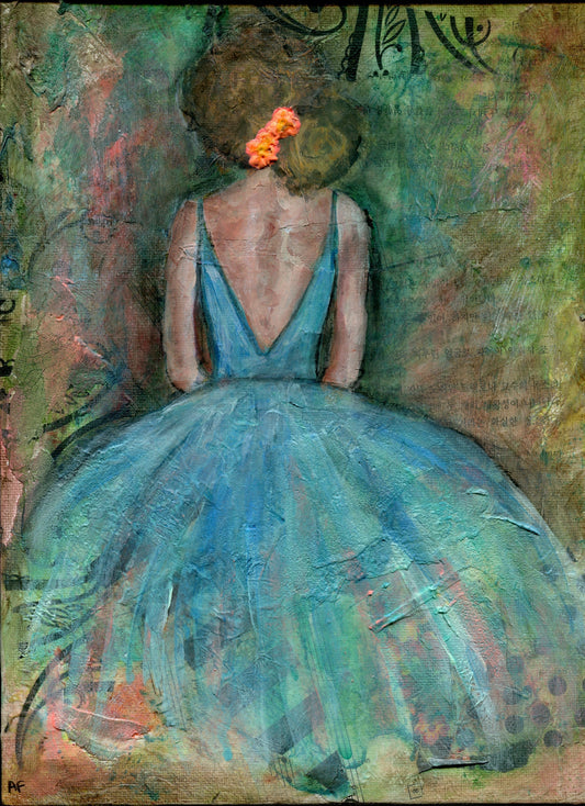 Woman in a blue dress mixed media painting - carved effects