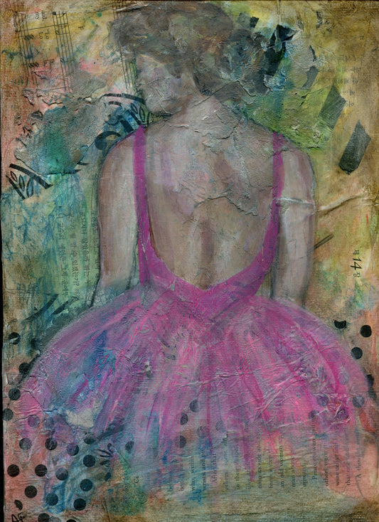 Woman in a pink evening gown mixed media painting - carved effects